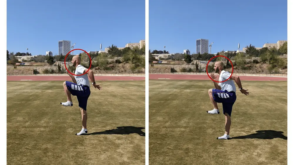 שבירת כוחות בזווית צוואר מוגזמת (ימין) אל מול צוואר נייטרלי המאפשר מעבר כוח תקין מהרגליים מעלה (שמאל)